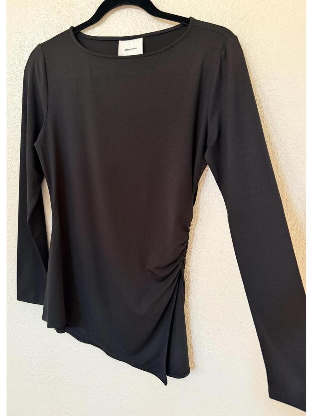 New Reformation Margot Asymmetric Peplum Knit Top In Black Size L - Picture 2 of 8